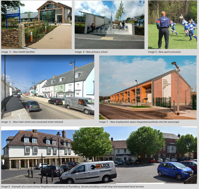 Image 3 : New health facilities Image 4 : New primary school Image 5 : New sports provision Image 6 : New main street and connected street network Image 7 : New employment space integrated positively into the townscape Image 8 :Example of a Local Centre/ Image 3 : New health facilities Image 4 : New primary school Image 5 : New sports provision Image 6 : New main street and connected street network Image 7 : New employment space integrated positively into the townscape Image 8 :Example of a Local Centre/